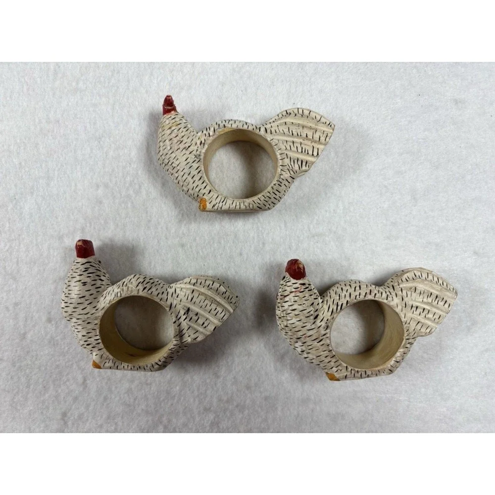 Set of 6 Hand Painted Wooden Chicken Napkin Rings Rooster Farmhouse Decor